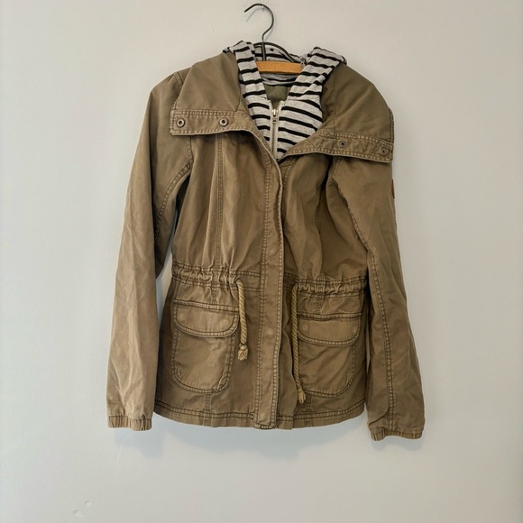 Roxy Olive Green Utility Jacket with Striped Hoodie - Size S - Picture 1 of 7